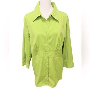 COMO Stretch lime green button front 3/4 sleeve blouse size XL.
